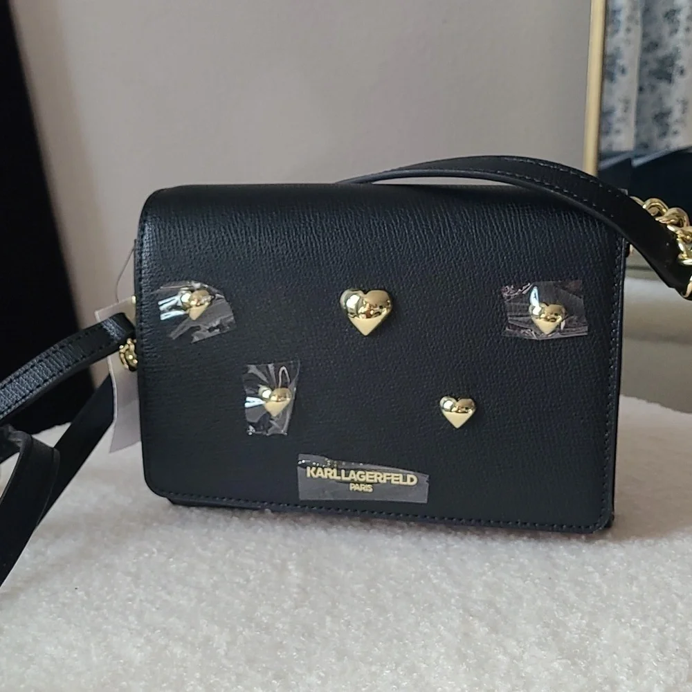 NWT Karl Lagerfeld Paris Maybelle Black Gold Heart Crossbody - Picture 3 of 8